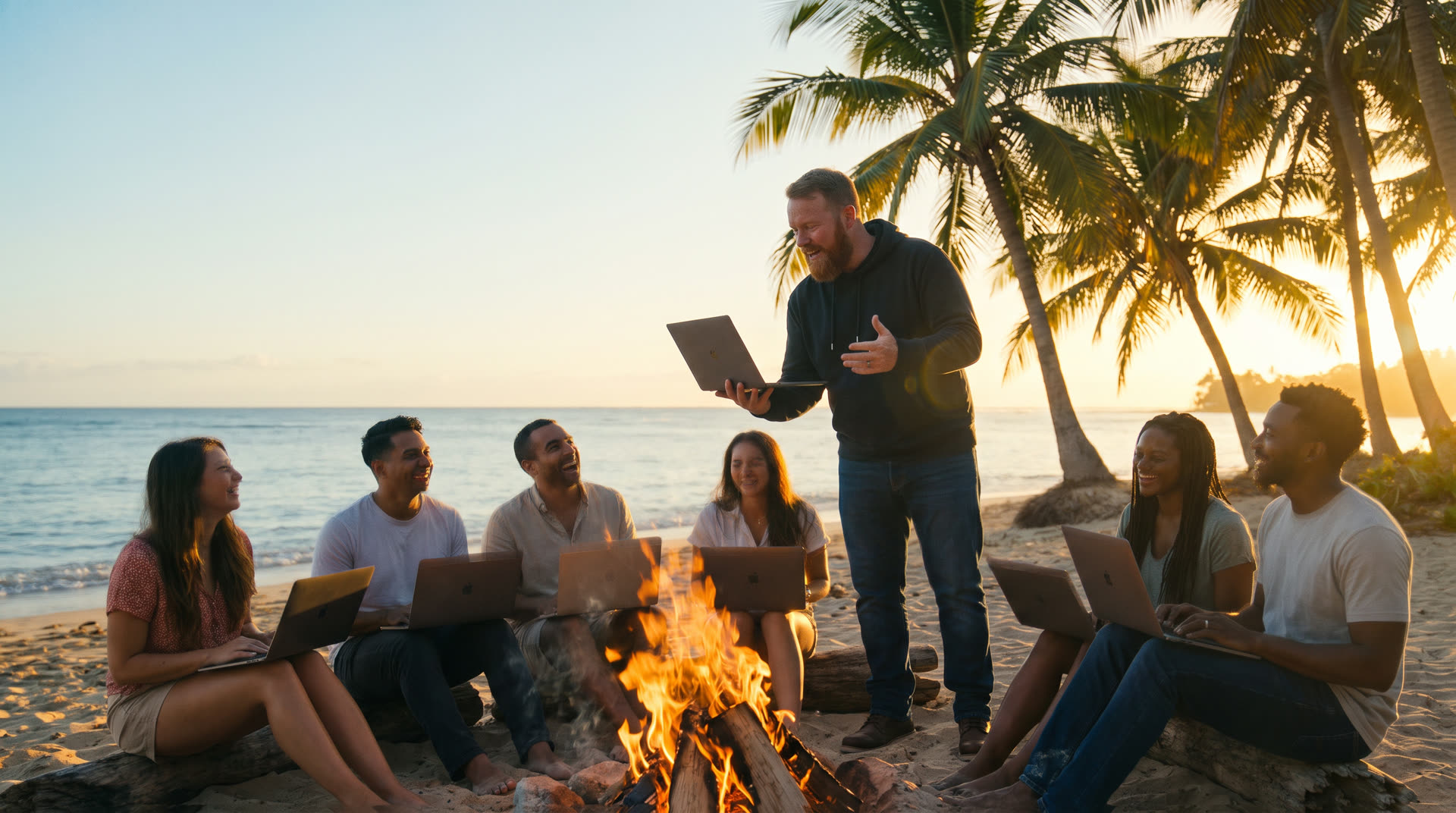 Un groupe de fondateurs travaille sur ordinateur autour d'un feu de camp sur une plage au coucher du soleil.