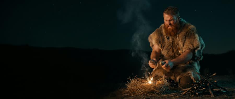 L'homme des cavernes concentré sur ses silex.